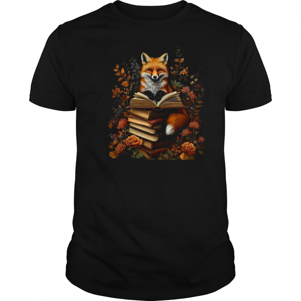 Cottagecore Aesthetic Floral Fox With Book Cute Goblincore shirt