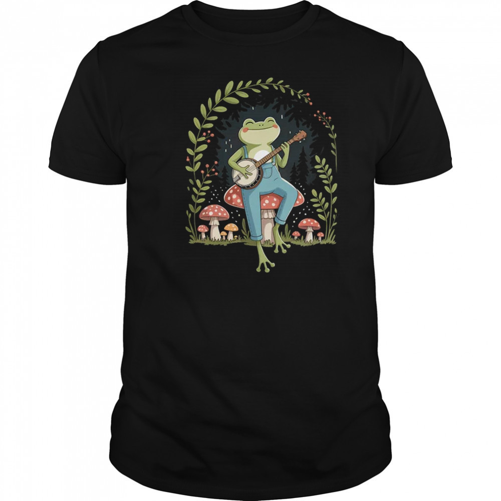 Cottagecore Aesthetic Frog Playing Banjo On Mushroom Cute shirt