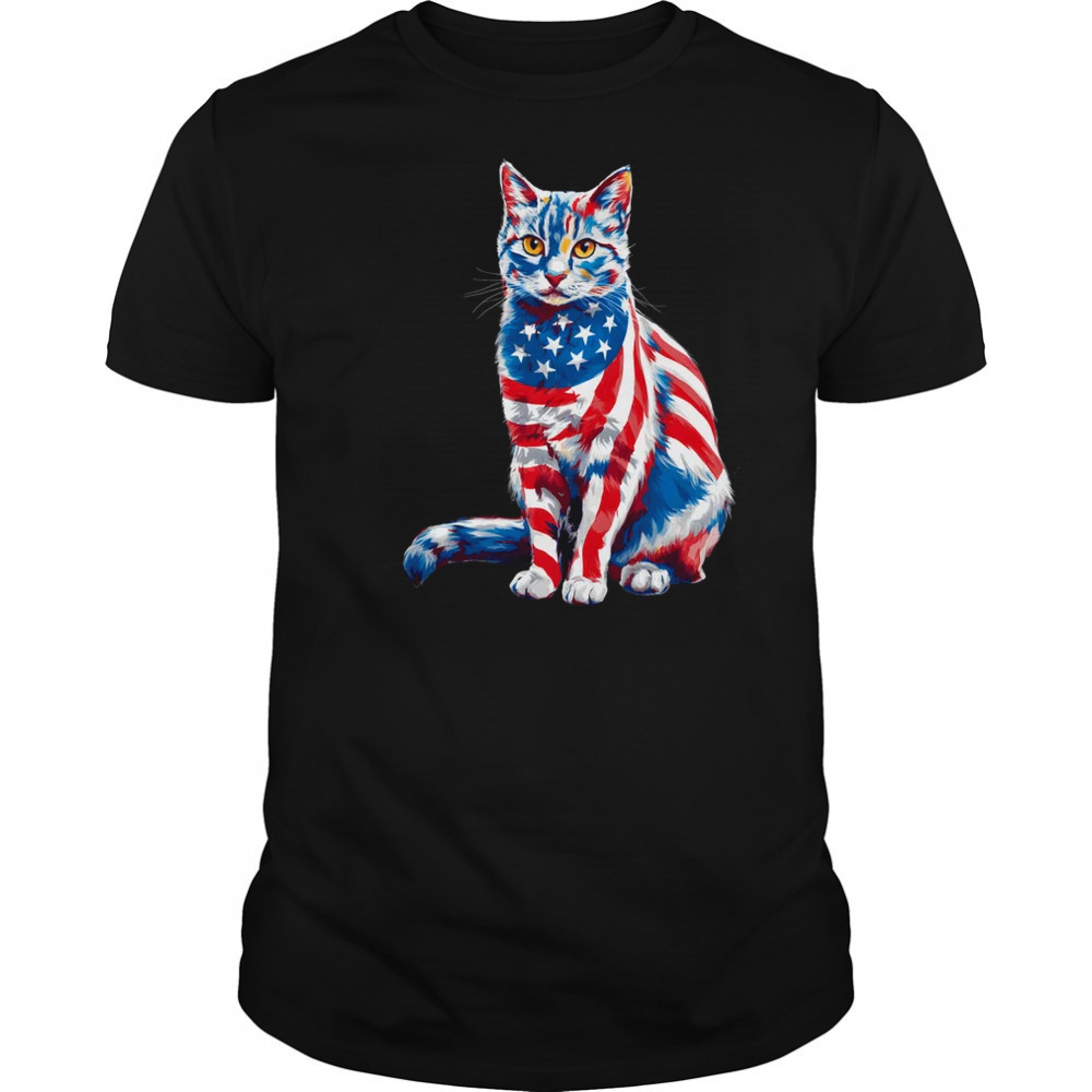 Funny Cute Cat Green Eyes USA Flag 4th Of July Cat Lover shirt