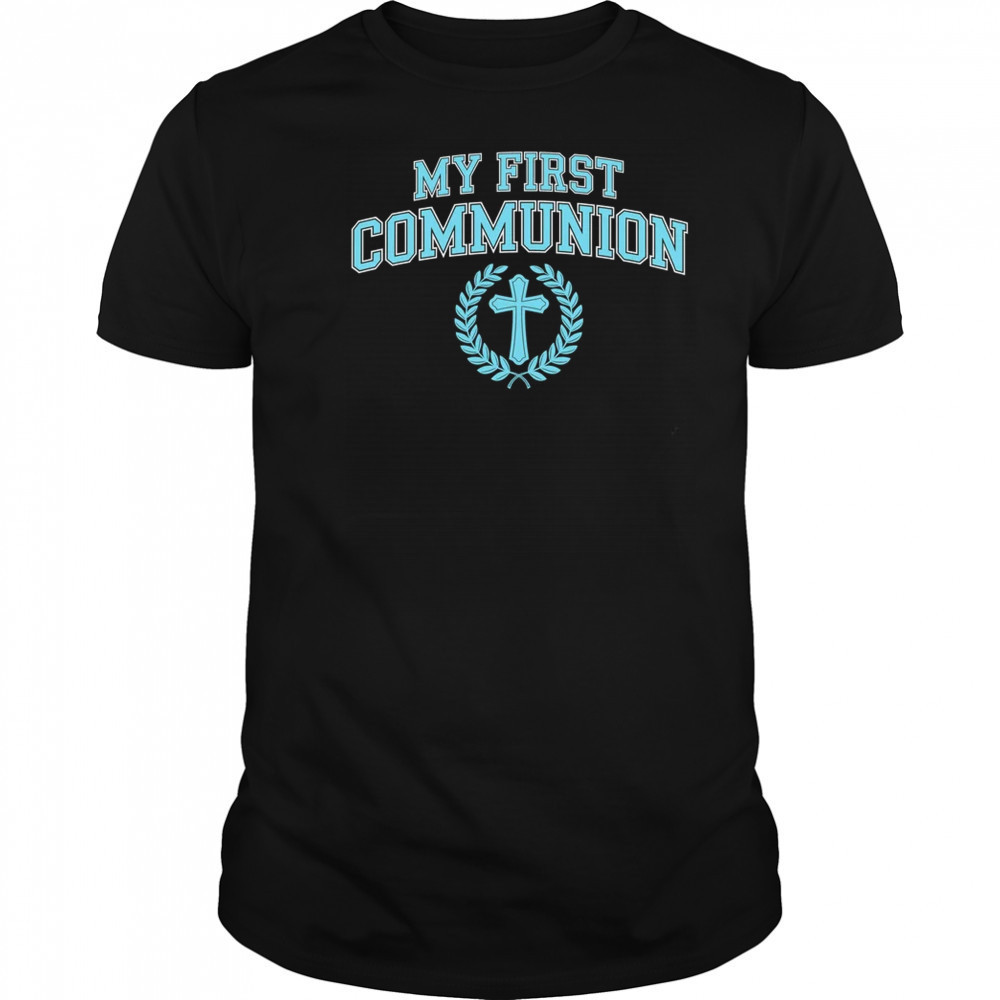 My First Communion Boys Catholic Religious Cross Blue shirt