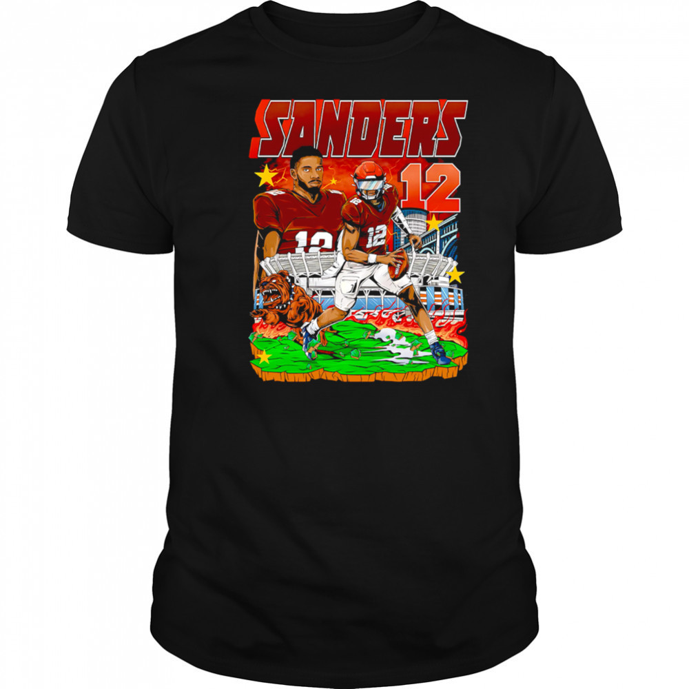 Sanders 12 Football Player Brown Jersey Stadium Bulldog Comic Style Graphic Shirt