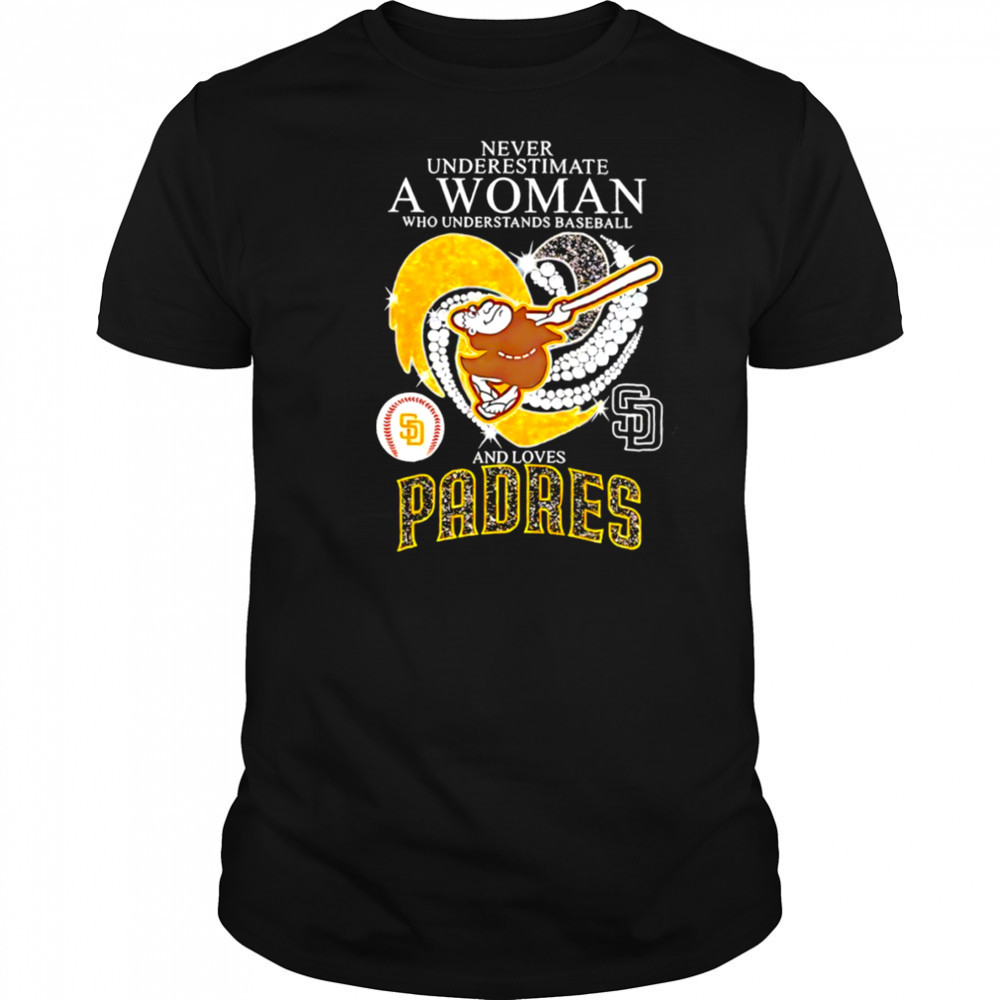 Swinging Friar Never Underestimate a Woman and Loves San Diego Padres diamond heart shirt