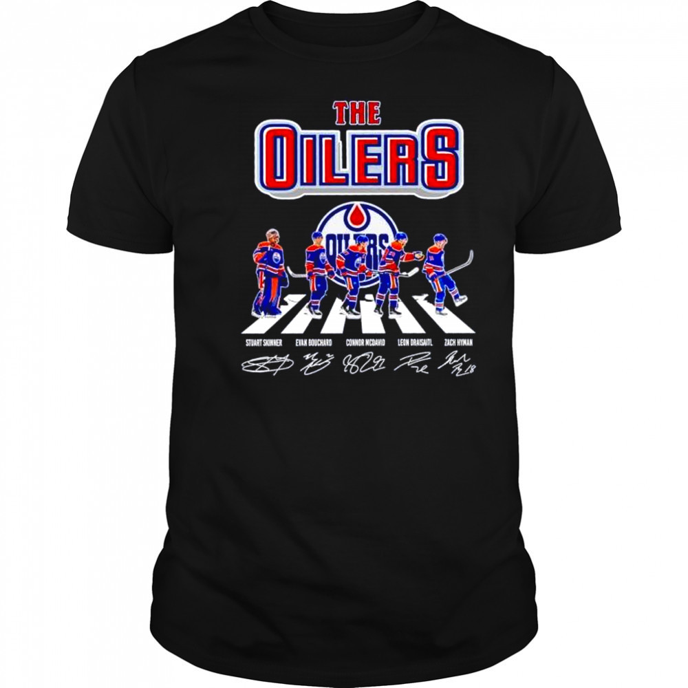 The Oilers Skinner Bouchard McDavid Draisaitl Hyman abbey road signatures shirt