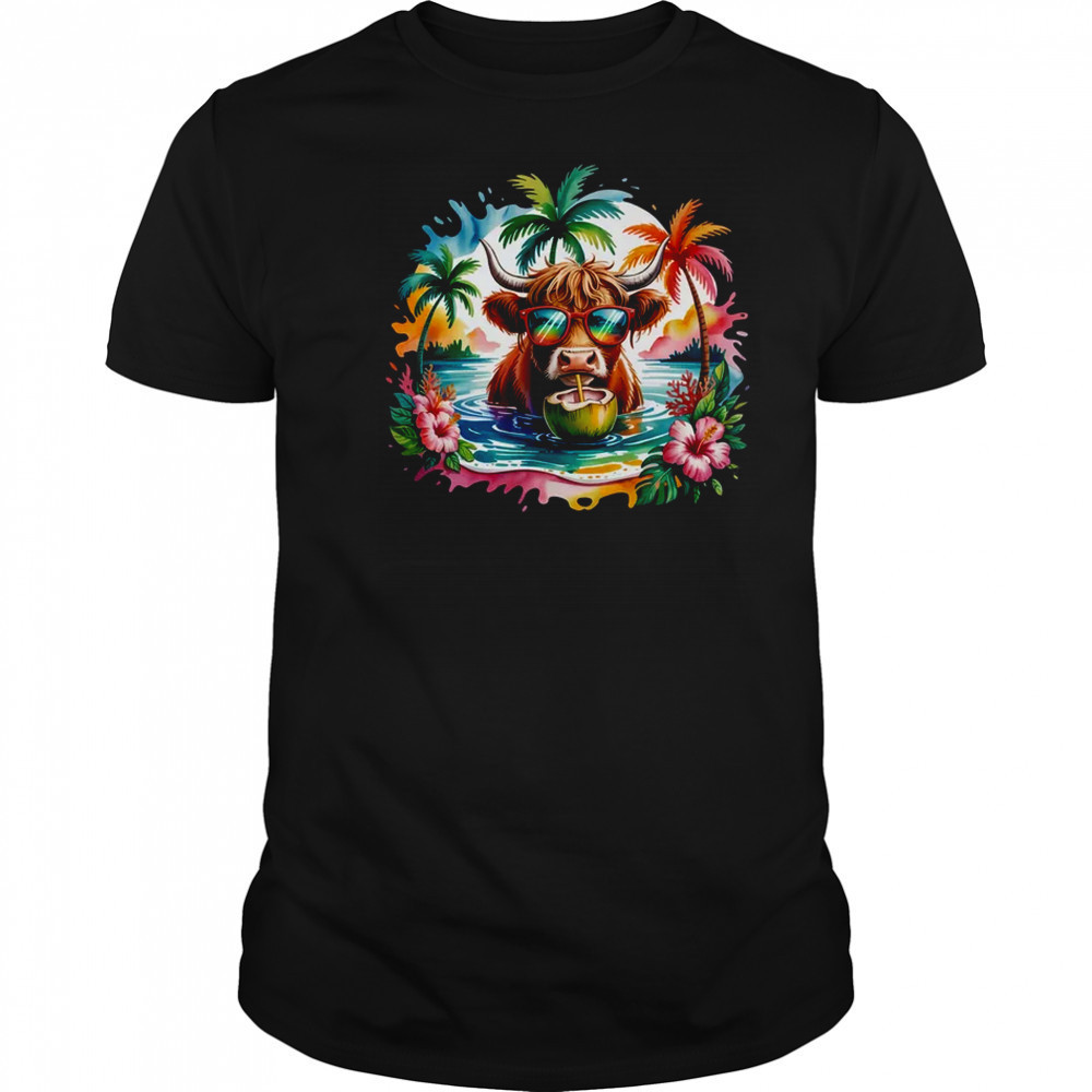 Tropical Highland Cow Summer Vibes Funny Beach Girls Women shirt