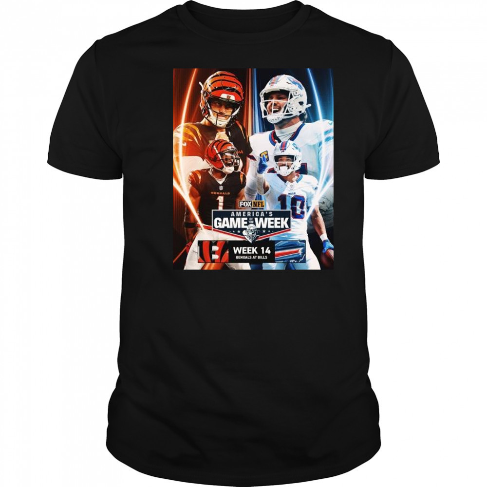Week 14 in America’s Game Of The Week Burrow vs Allen Cincinnati Bengals at Buffalo Bills NFL Dec 8 2025 t-shirt
