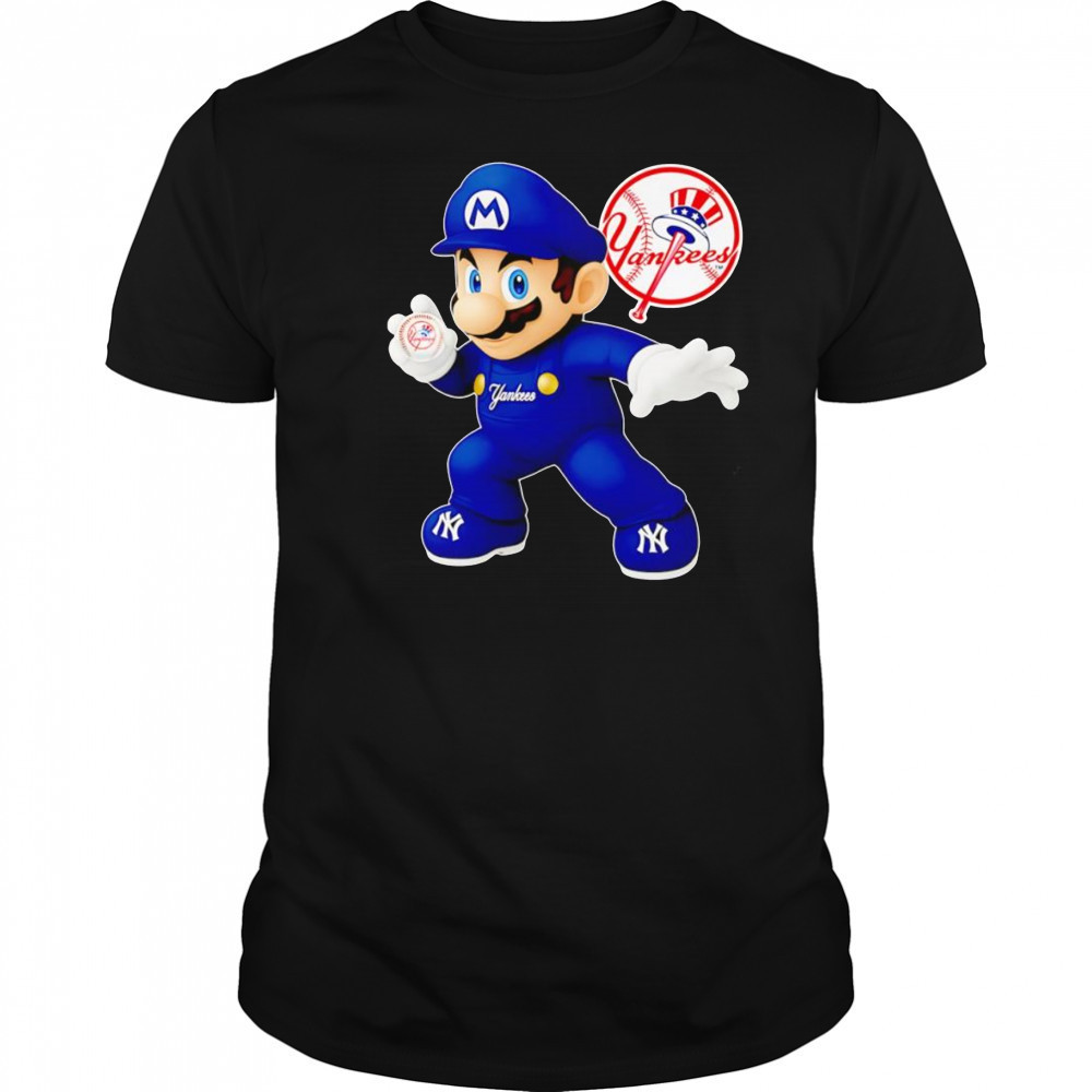 Super Mario holding baseball New York Yankees shirt