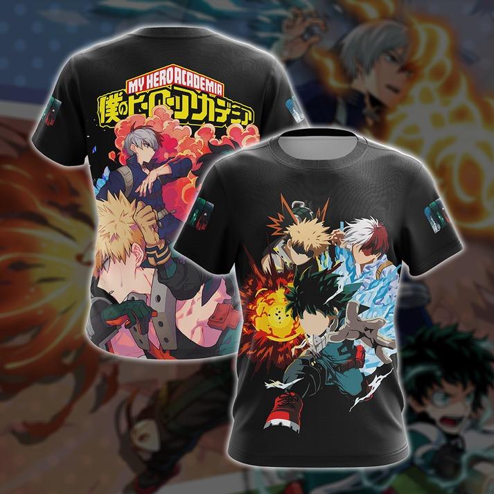 Boku No Hero Acamedia - Midoriya Izuku + Bakugo Katsuki +Todoroki Shouto Unisex 3D T-shirt Boku No Hero Acamedia - Midoriya Izuku + Bakugo Katsuki +Todoroki Shouto Unisex 3D T-shirt