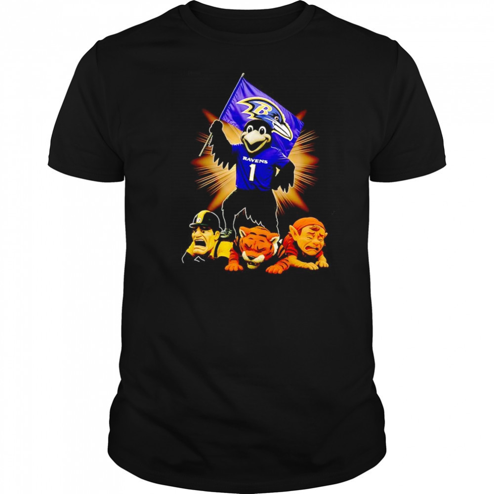 Baltimore Ravens mascot standing with flag shirt