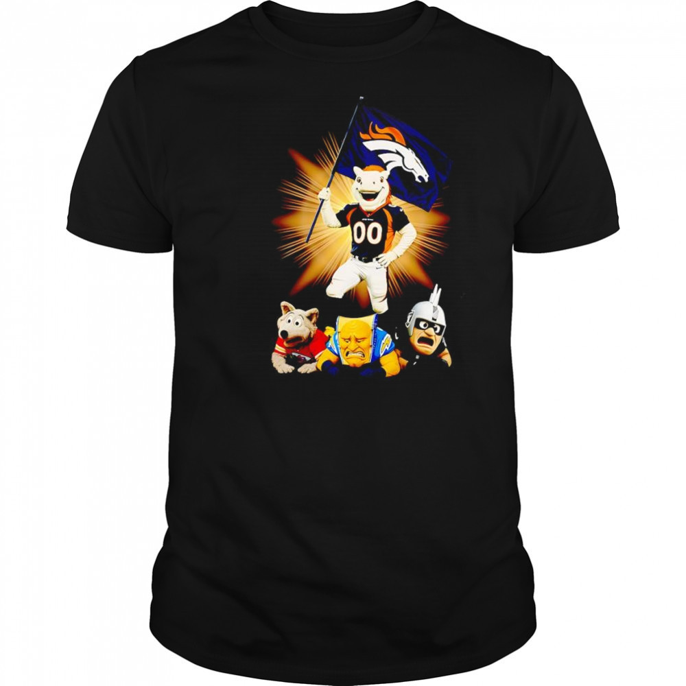 Denver Broncos mascot standing with flag shirt