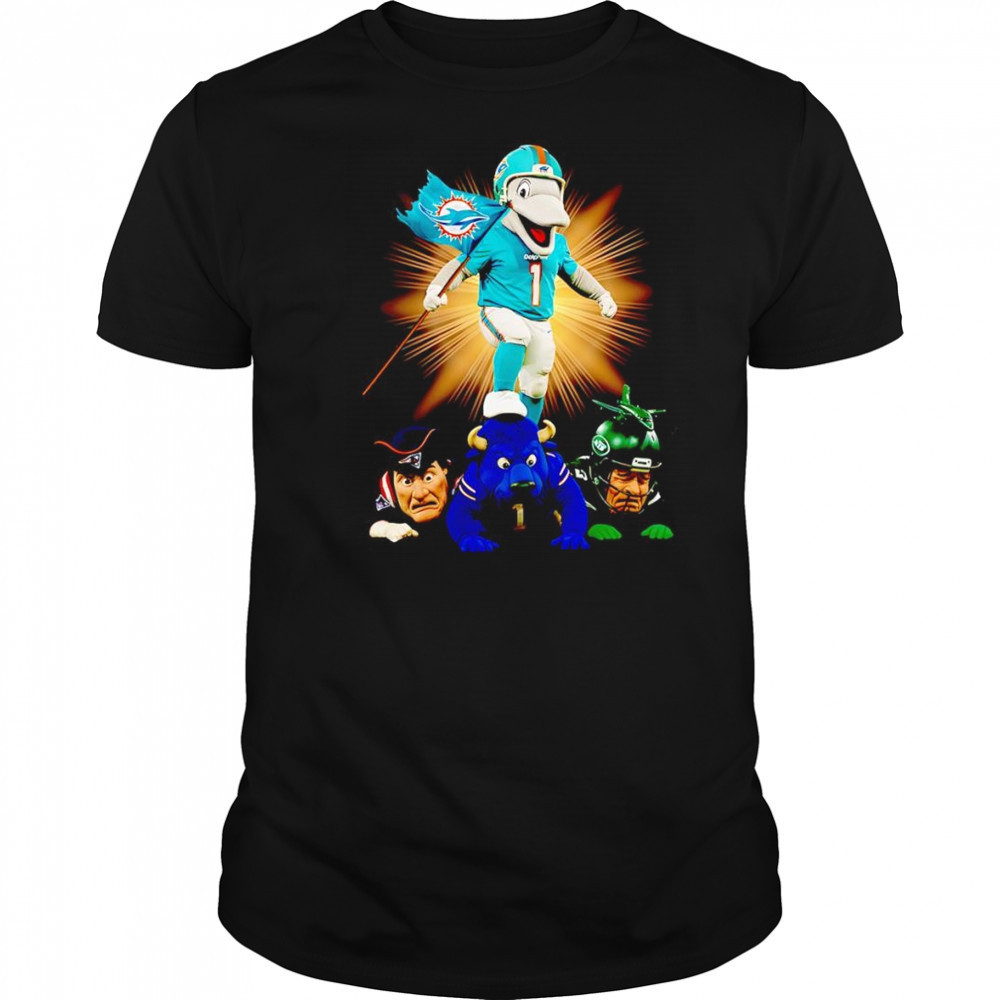 Miami Dolphins mascot standing with flag shirt
