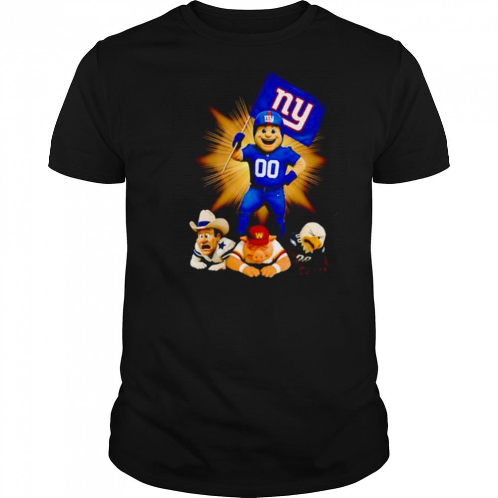 New York Giants mascot standing with flag shirt