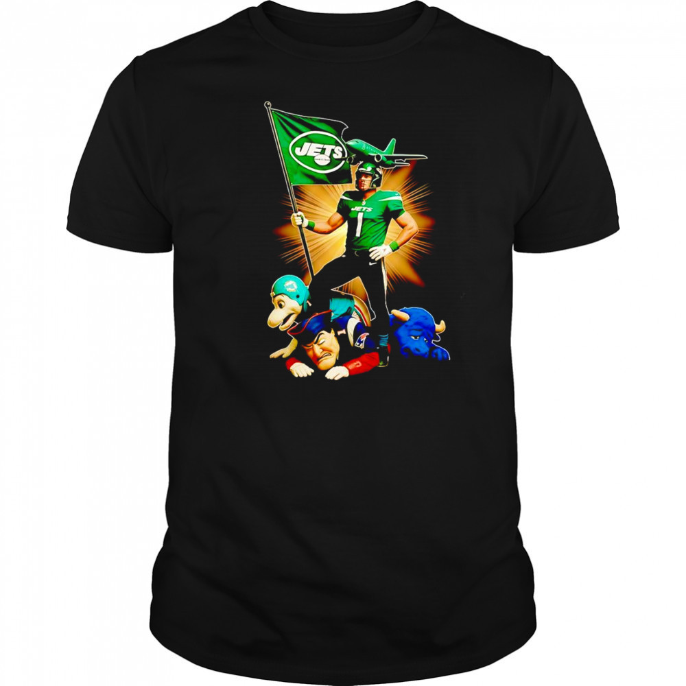New York Jets mascot standing with flag shirt
