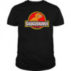 Saugusaurus Orange Dinosaur logo shirt