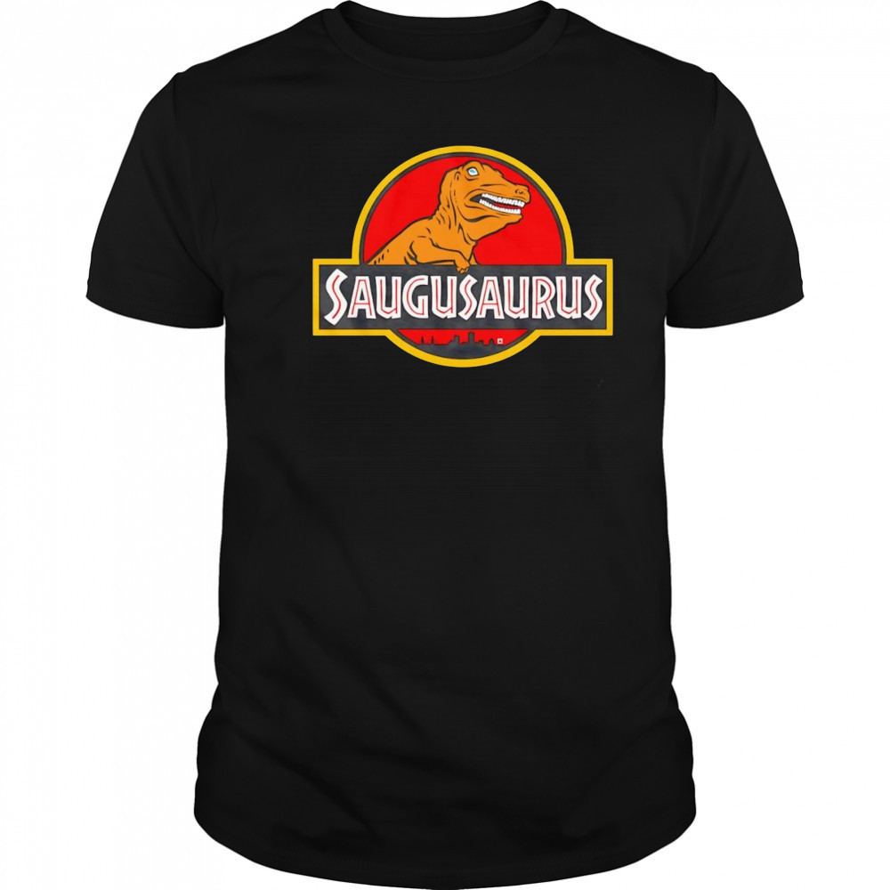 Saugusaurus Orange Dinosaur logo shirt