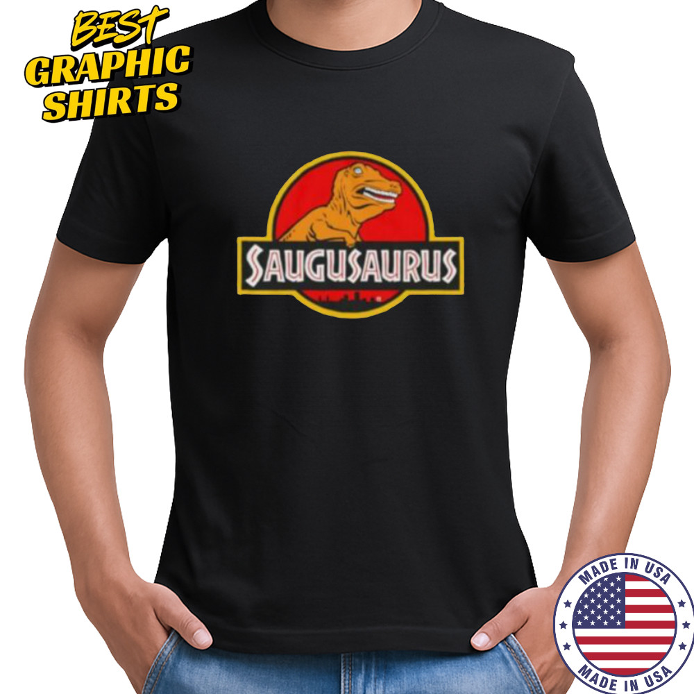 Saugusaurus Orange Dinosaur X Jurassic Park logo shirt