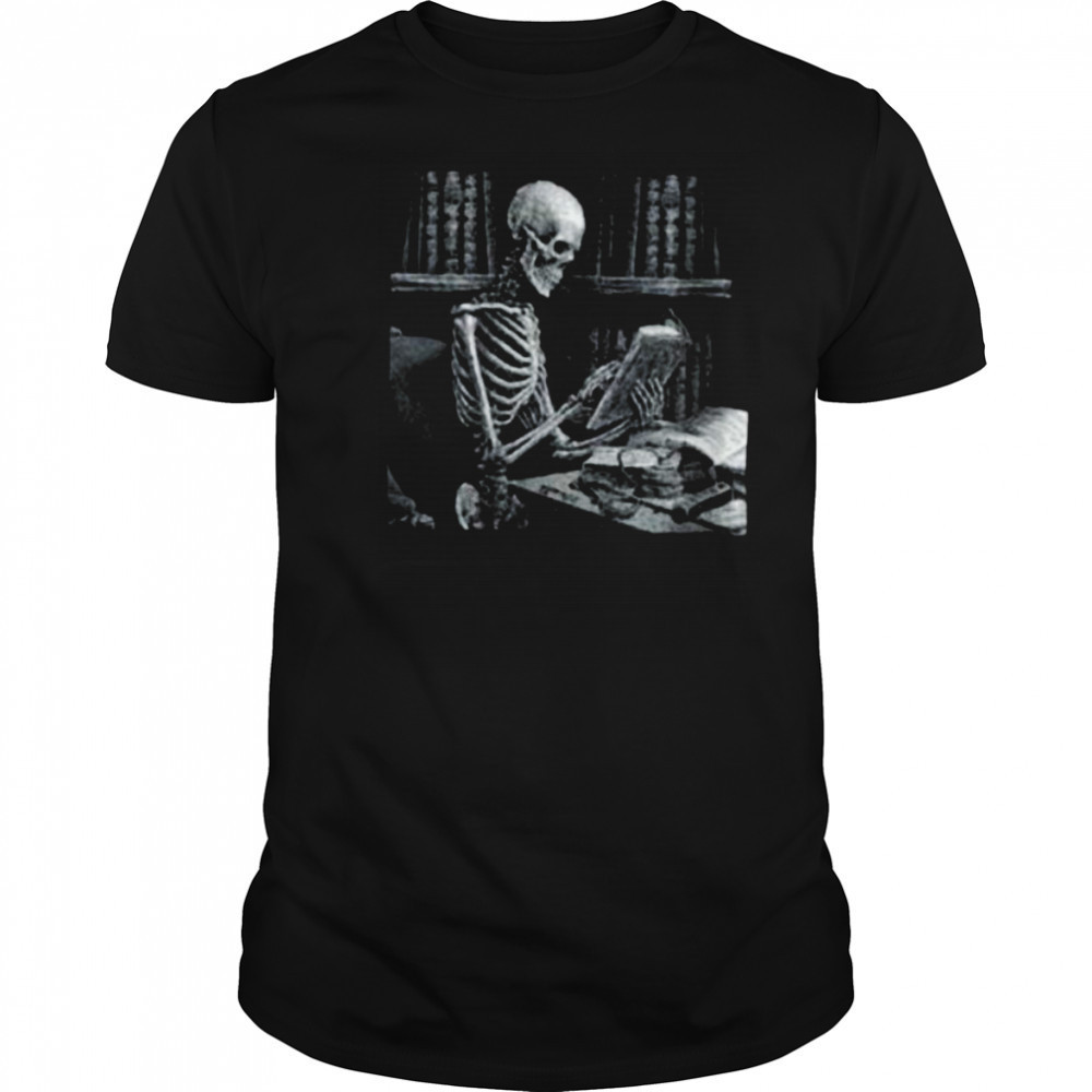 Womens Dark The Reader Skeleton Reading Book Bookworm Bookish V Neck Shirt