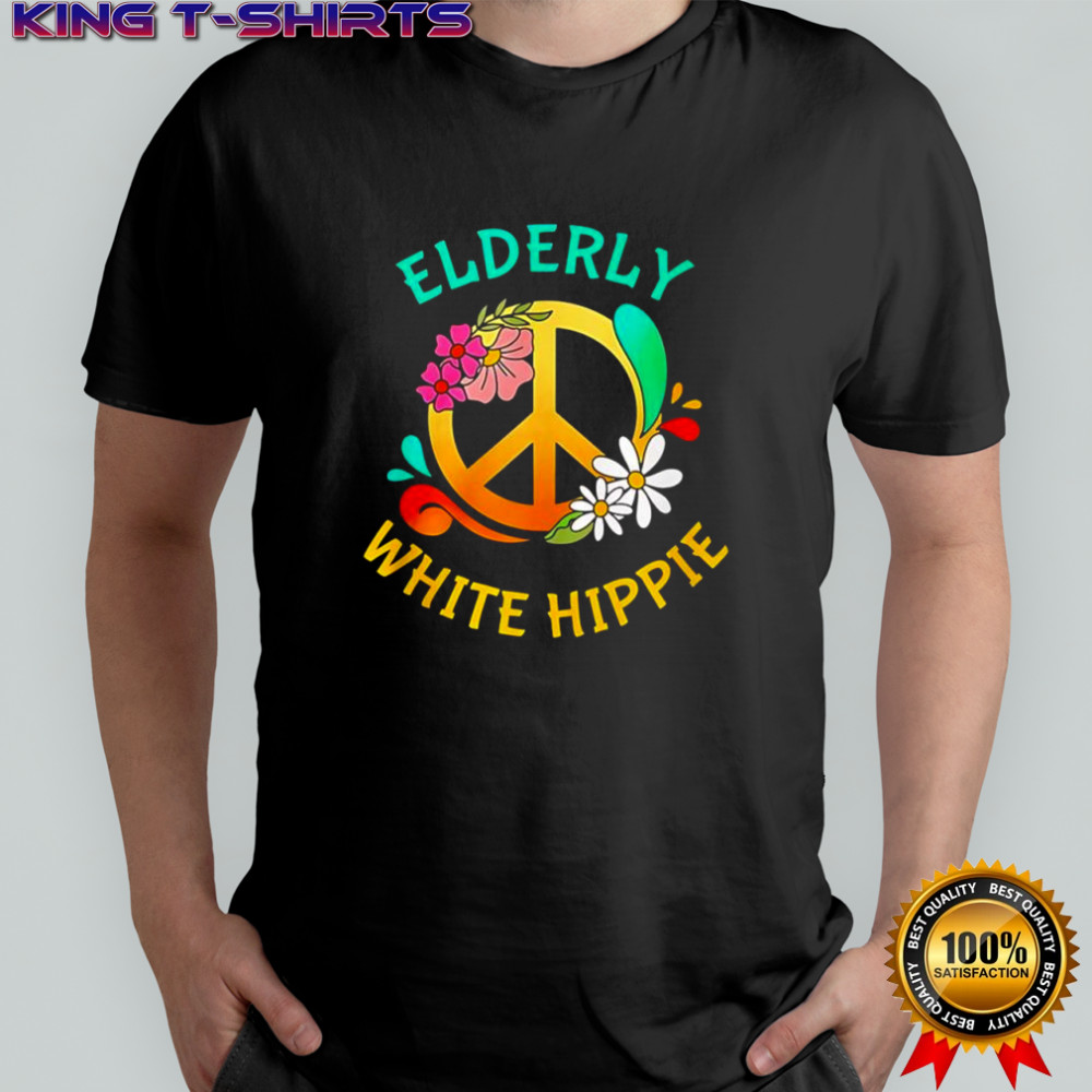 Elderly white hippie peace flowers shirt