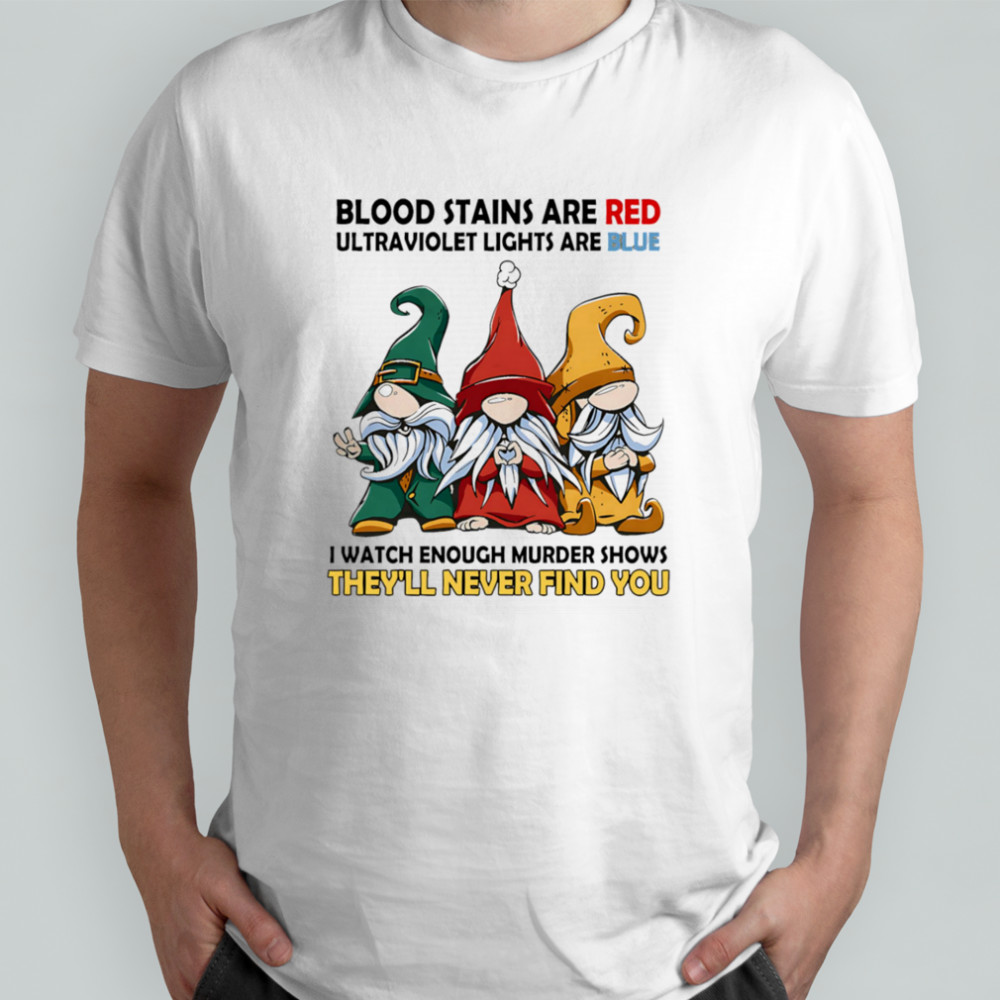 Gnome blood stains are red ultraviolet lights are blue shirt