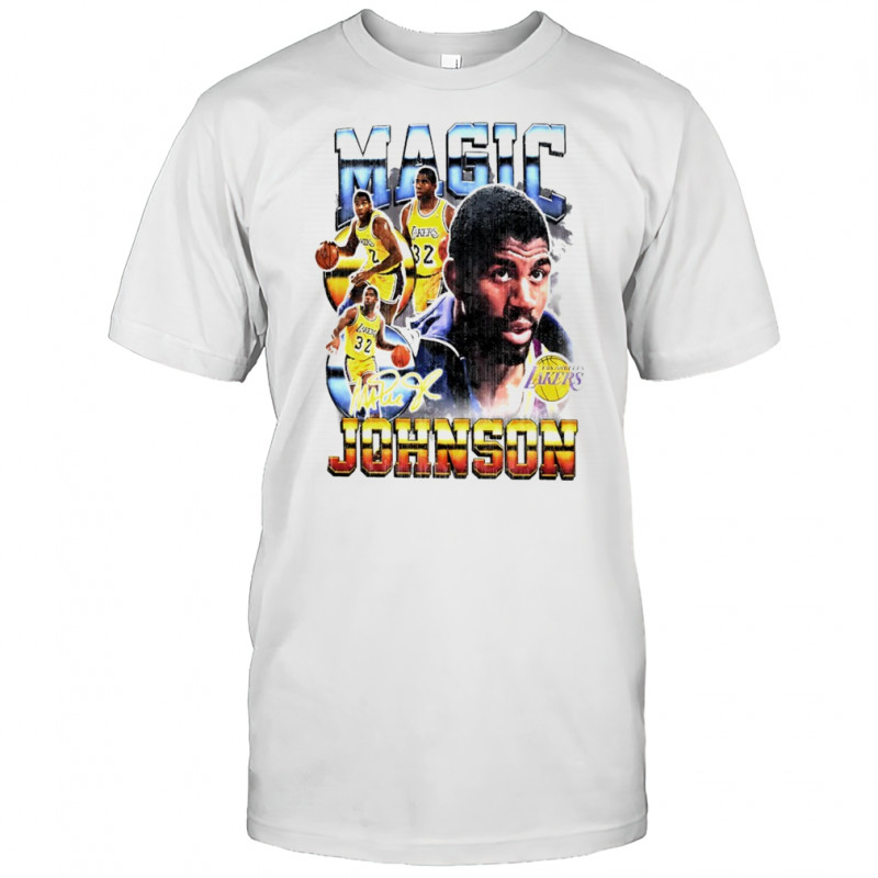 Magic Johnson Los Angeles Lakers Hardwood Classics commemorative player collage shirt