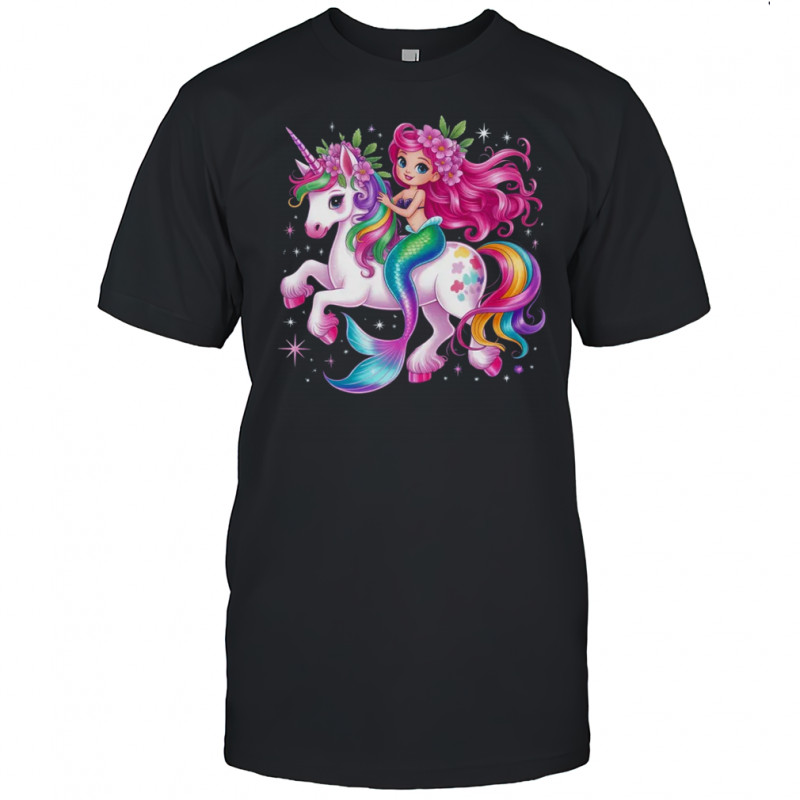 Mermaid Riding A Unicorn Girls Women Kids Adults Rainbow shirt