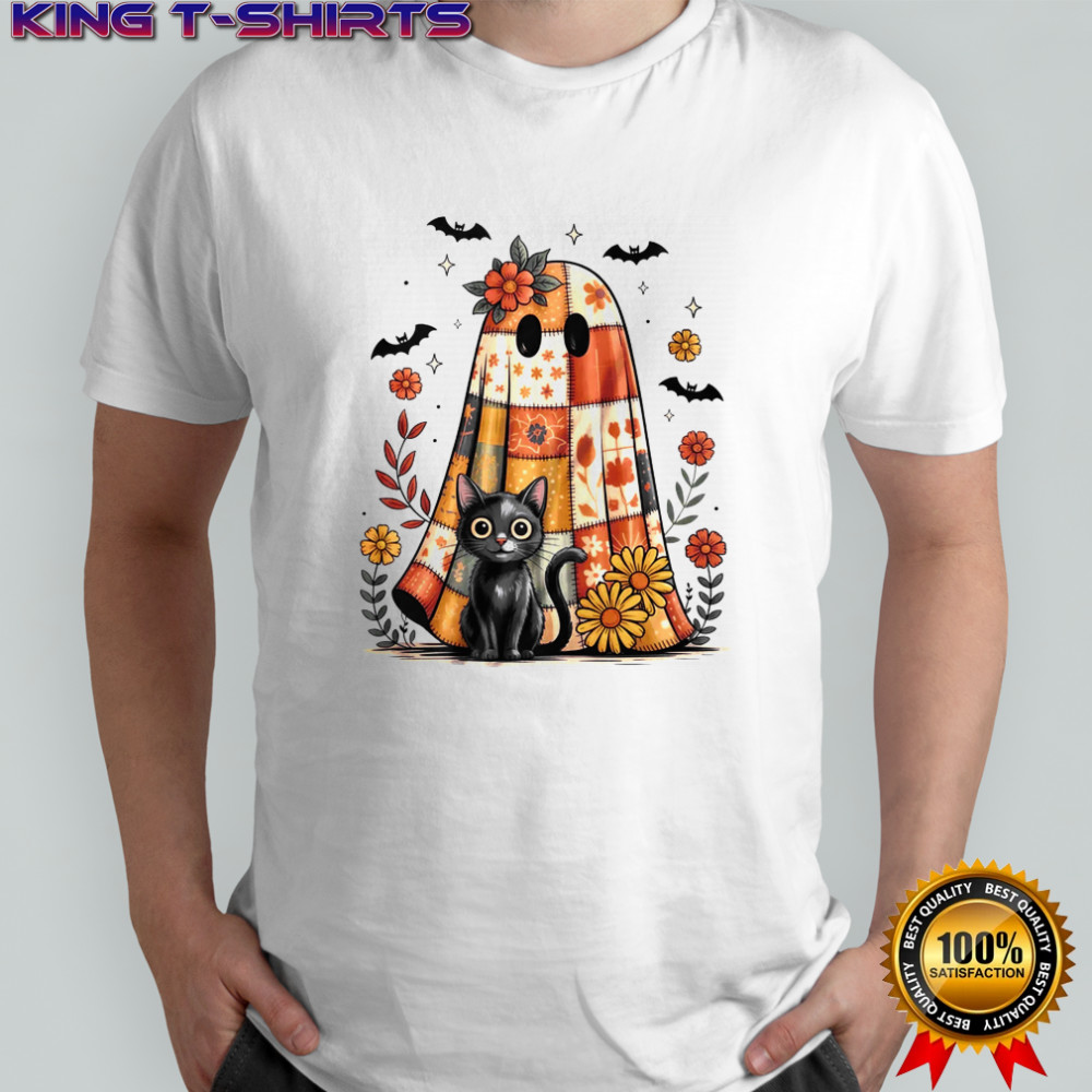 Patchwork Halloween Ghost And Cat Png Retro Spooky Floral shirt