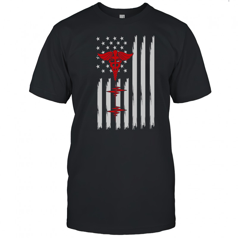 Patriotic Medical American Flag Red Caduceus Heartbeat T-Shirt