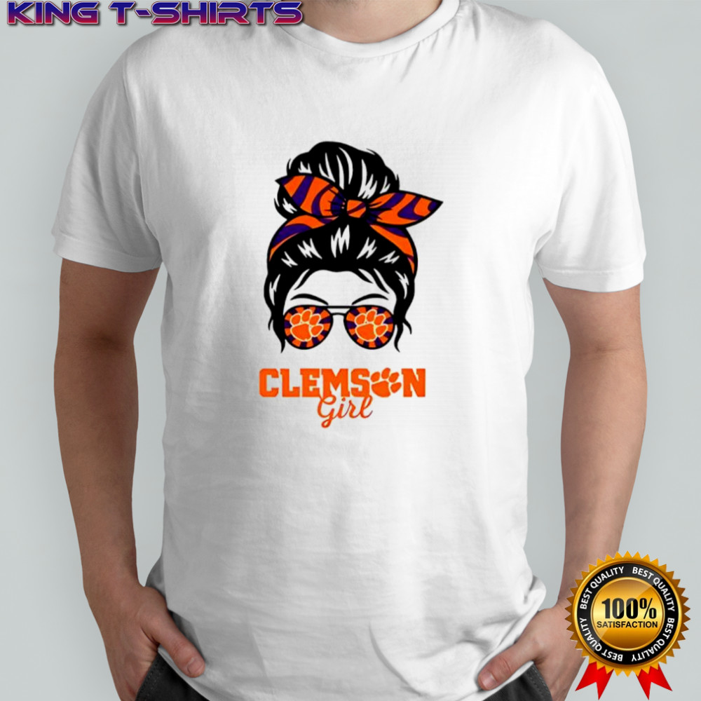 Clemson Tigers girl messy bun glasses shirt