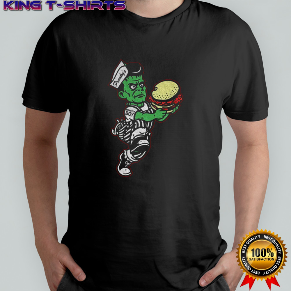 Frankenstein Monster Boy holding hamburger shirt