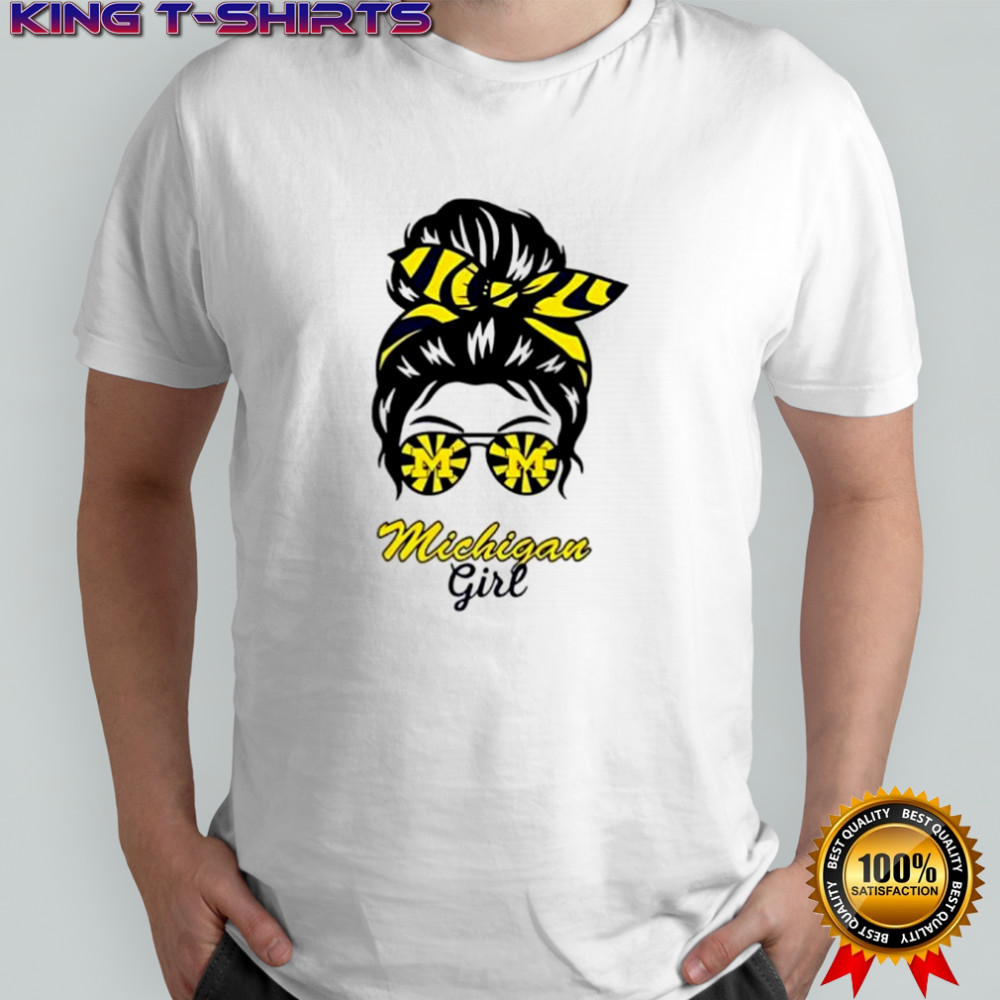 Michigan Wolverines girl messy bun glasses shirt