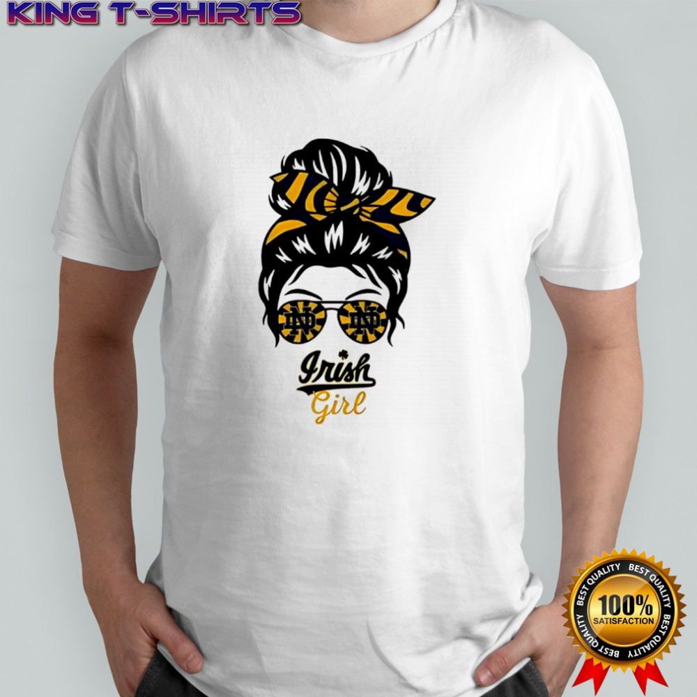 Notre Dame Fighting Irish girl messy bun glasses shirt