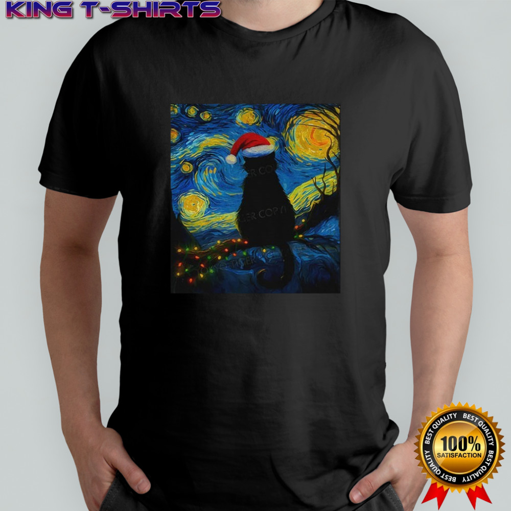 Official Black cat Santa hat Starry Night 2025 t-shirt