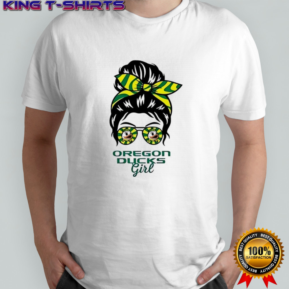 Oregon Ducks girl messy bun glasses shirt