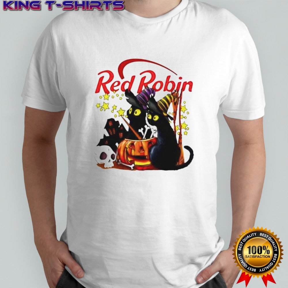 Red Robin Black Cat Witch Pumpkin Haunted House Halloween T-Shirt