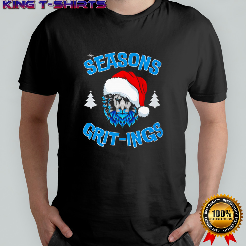 Seasons Grit-ings blue fur lion wearing Santa hat Christmas trees shirt