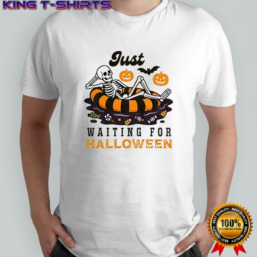 Skeleton summer beach just waiting for Happy Halloween 2025 shirt