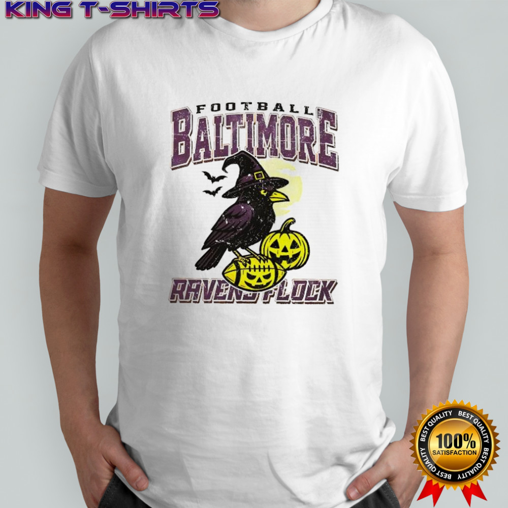 Spooky crow witch pumpkin football Baltimore Ravens Flock shirt