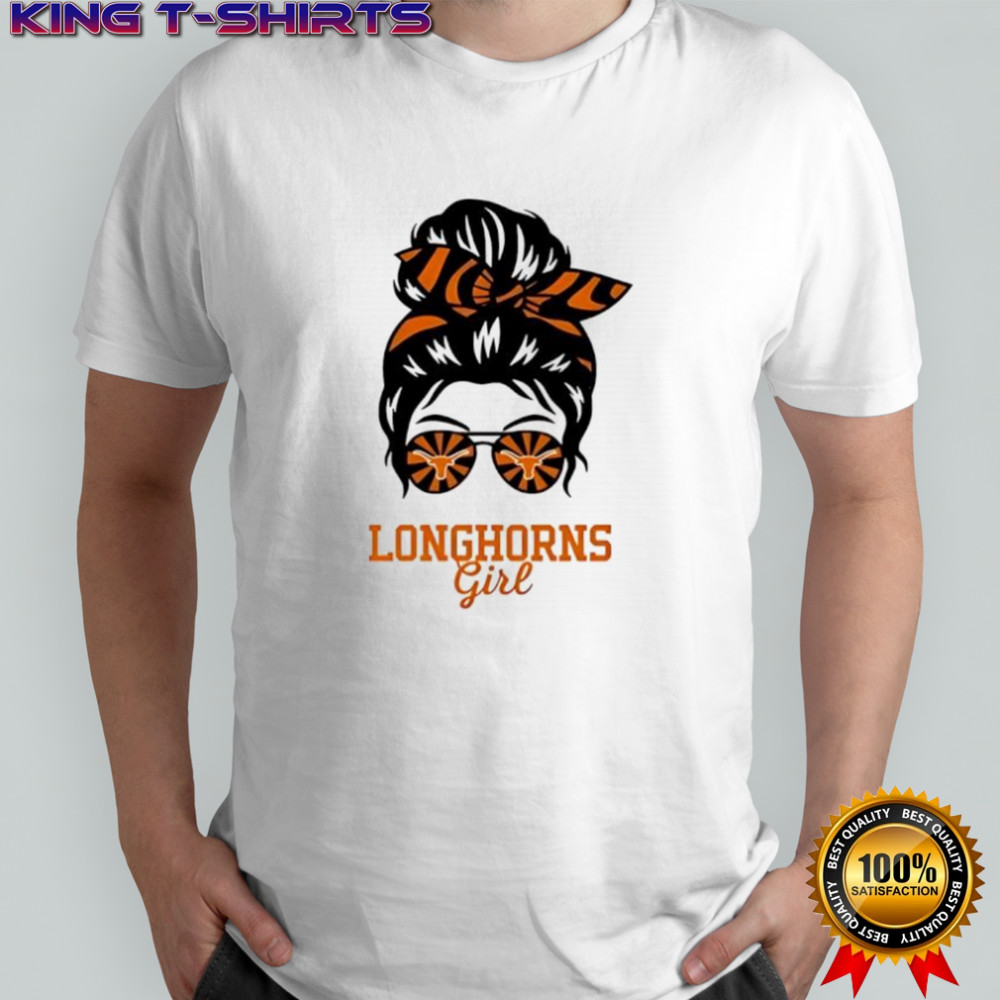 Texas Longhorns girl messy bun glasses shirt