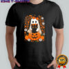 Vintage Halloween Ghost Holding Black Cat Groovy Floral shirt