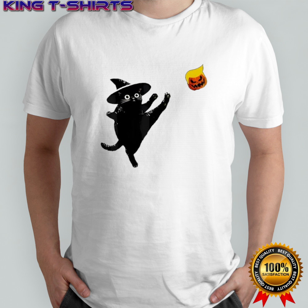 Black Cat Witch Kicking Pumpkin Funny Halloween funny shirt