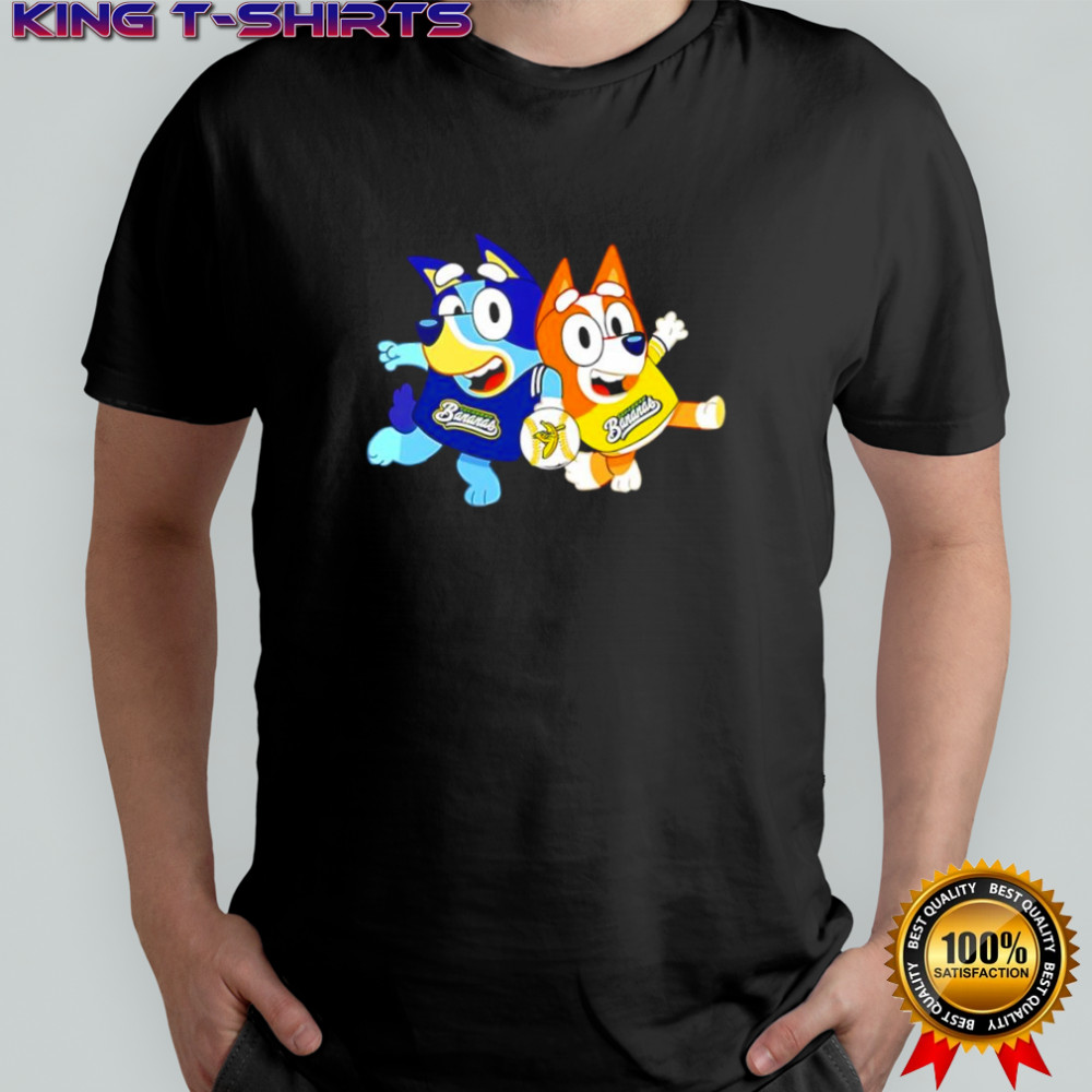 Bluey and Bingo wearing Savannah Bananas logo shirt