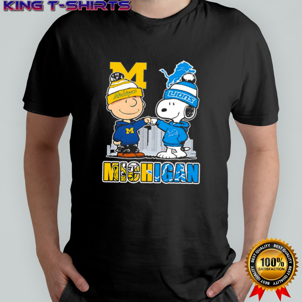 Charlie Brown and Snoopy wearing Michigan Wolverines and Detroit Lions logo shirt