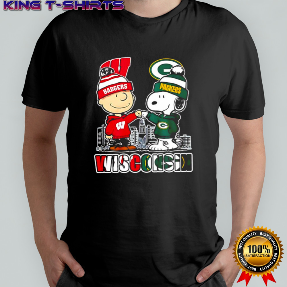 Charlie Brown and Snoopy wearing Wisconsin Badgers and Green Bay Packers logo shirt