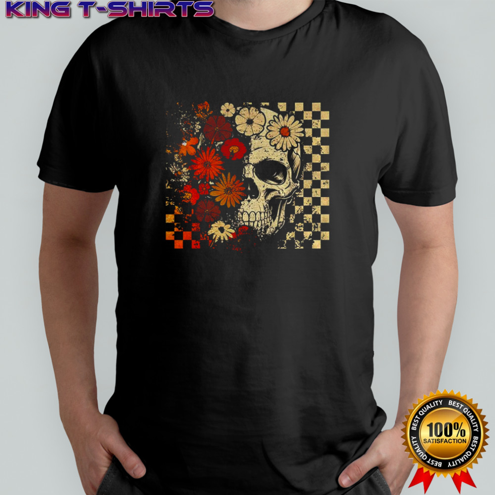 Funny skull checkered skeleton floral spooky season Halloween shirt