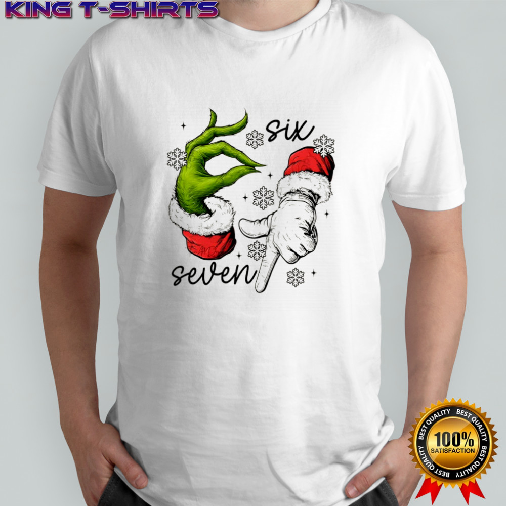 Grinch and Santa Claus hand trending six seven meme Merry Christmas shirt
