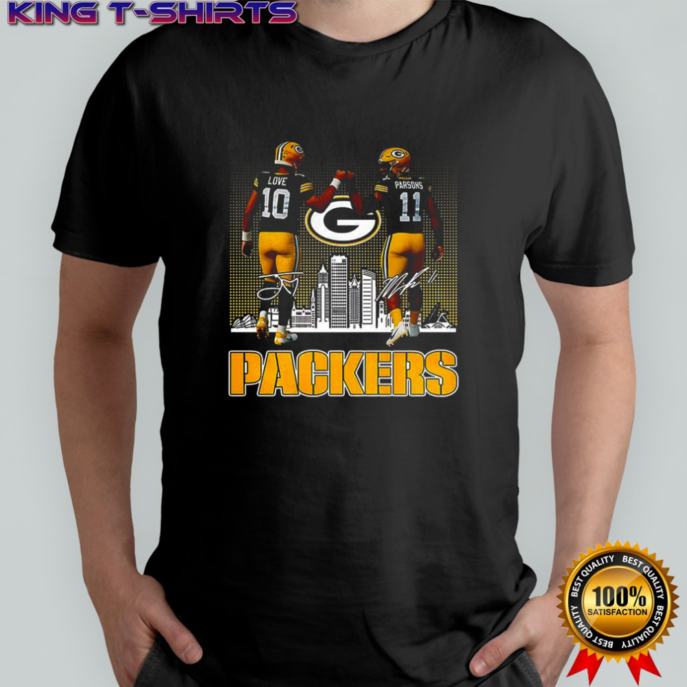 Jordan Love touch hands Micah Parsons Green Bay Packers football skyline signature shirt