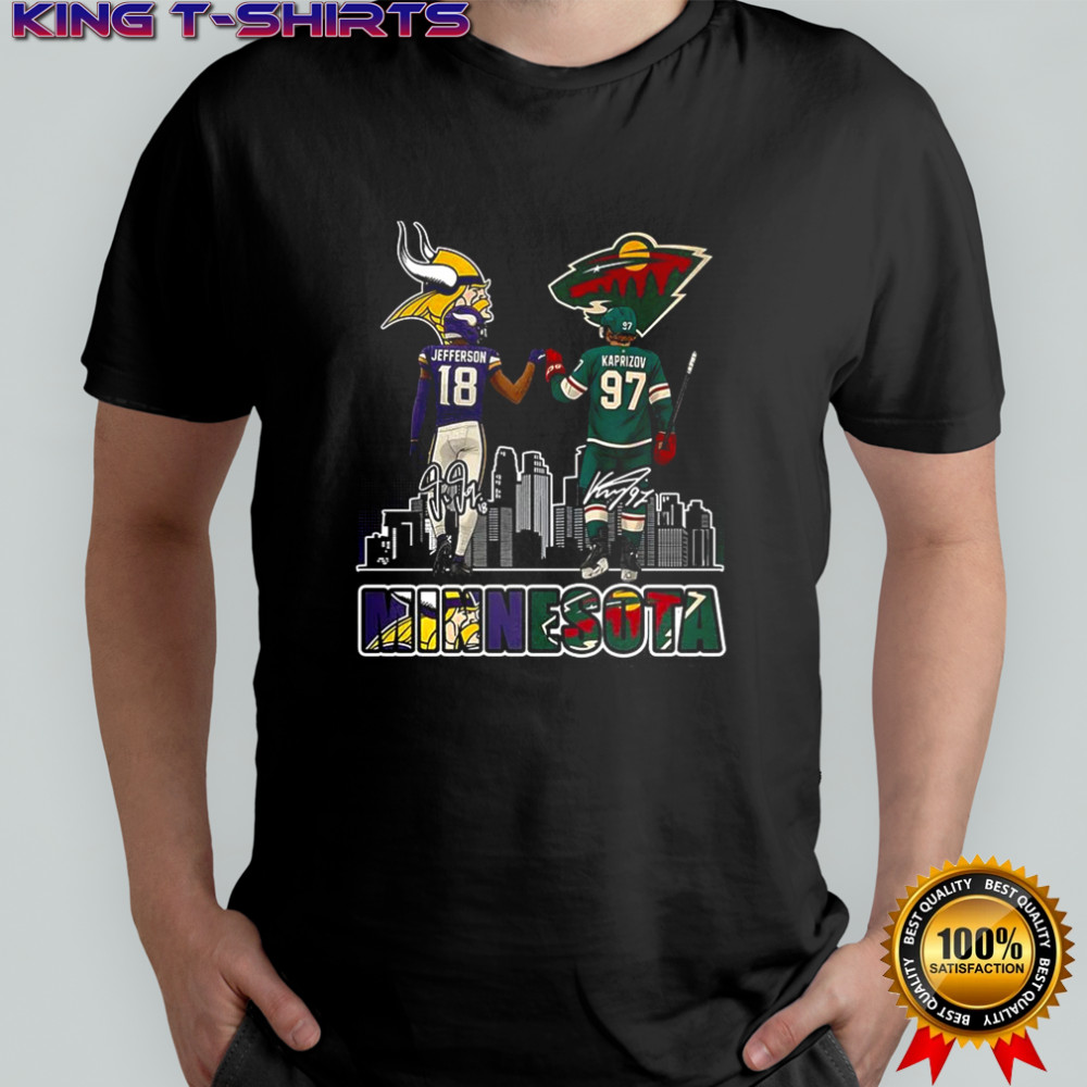 Justin Jefferson Minnesota Vikings touch hand Kirill Kaprizov Minnesota Wild shirt