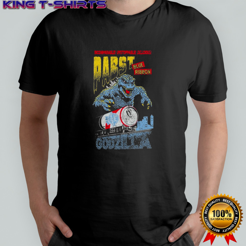 Pabst Blue Ribbon Incomparable Unstoppable Delicious Godzilla Runaway PBR Train T-Shirt