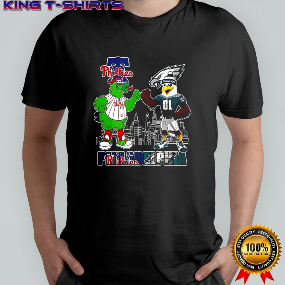 Phillie Phanatic Philadelphia Phillies touch hands Swoop Philadelphia Eagles mascot shirt