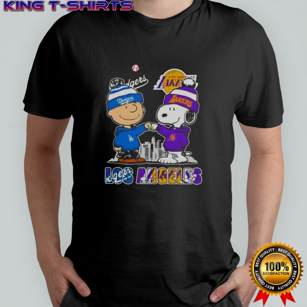 Snoopy And Charlie Brown Los Angeles Sports Dodgers X Lakers Skyline T-Shirt