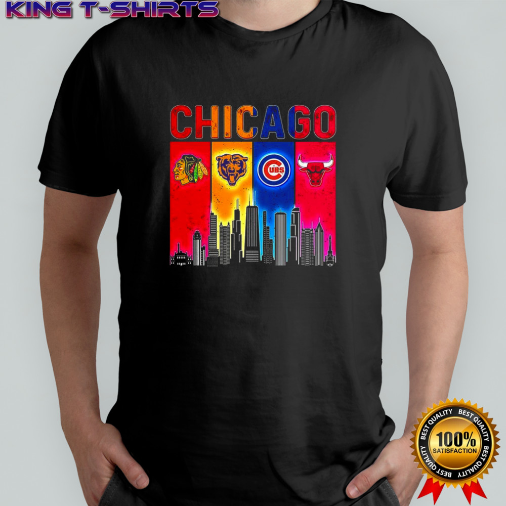 Chicago sports teams Blackhawks Bears Cubs Bulls skyline shirt